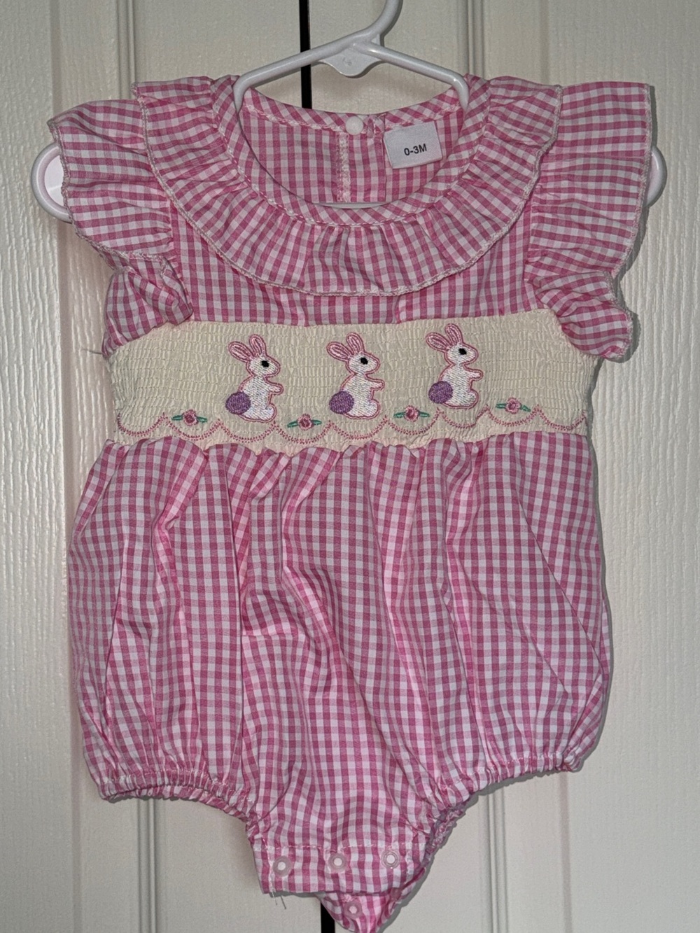 Pink Gingham Baby Romper with Bunny Smocking